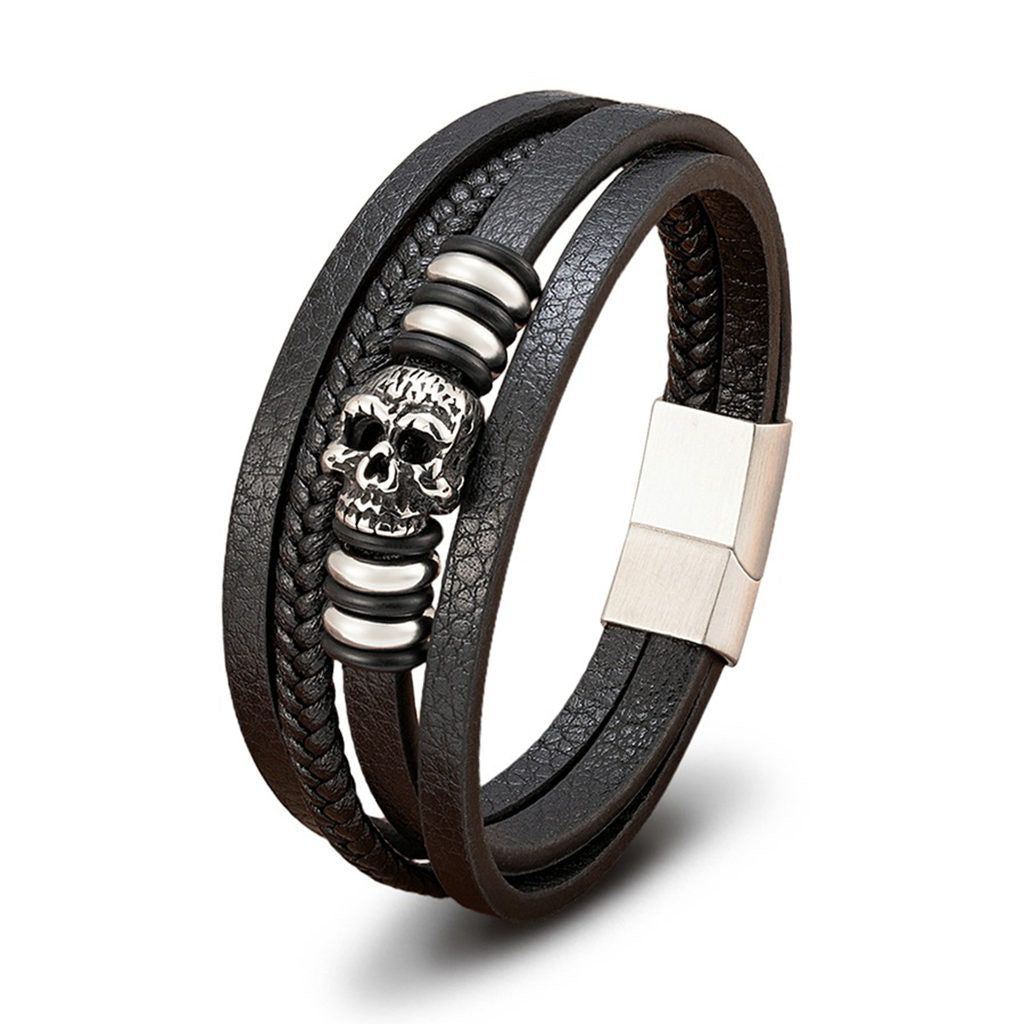 Multi-Layer Leather Skull Bracelet - Punk Braided Wristband-Leather Bracelets-1-Glitters