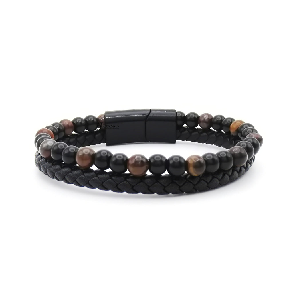 Braided Leather & Tiger Eye Bead Double Layer Bracelet