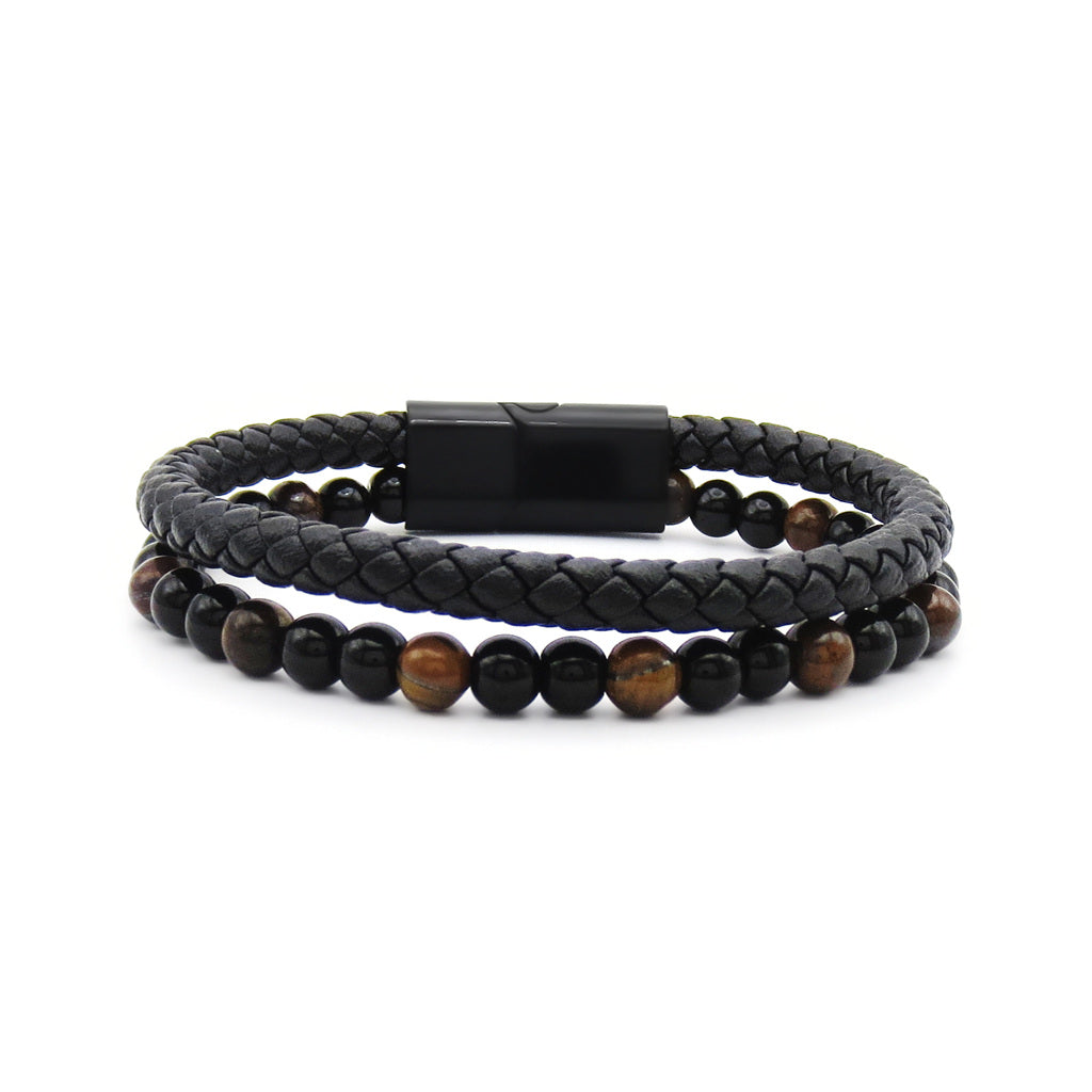 Braided Leather & Tiger Eye Bead Double Layer Bracelet