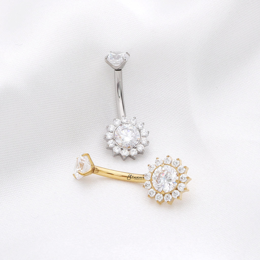 Titanium Round CZ Belly Button Ring with CZ Pave Edge - Gold-Belly Rings-4-Glitters