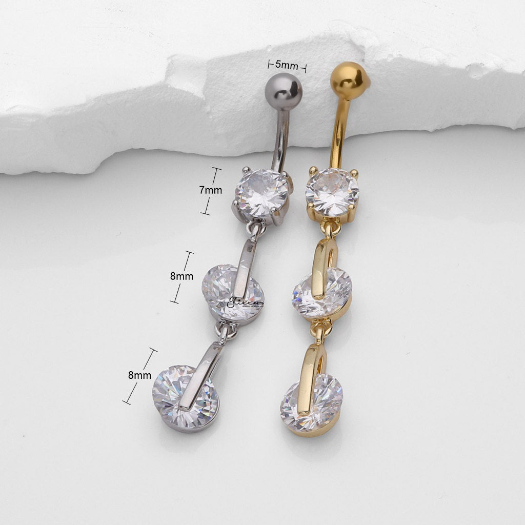3 Round CZ Vertical Dangle Belly Button Ring - Gold-Belly Rings-3-Glitters
