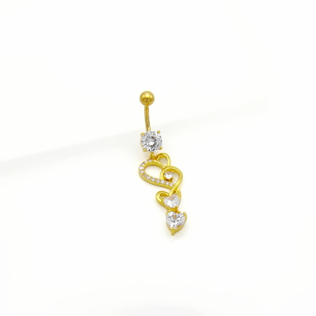 Triple CZ Heart Dangle Belly Button Ring - Gold-Belly Rings-3-Glitters