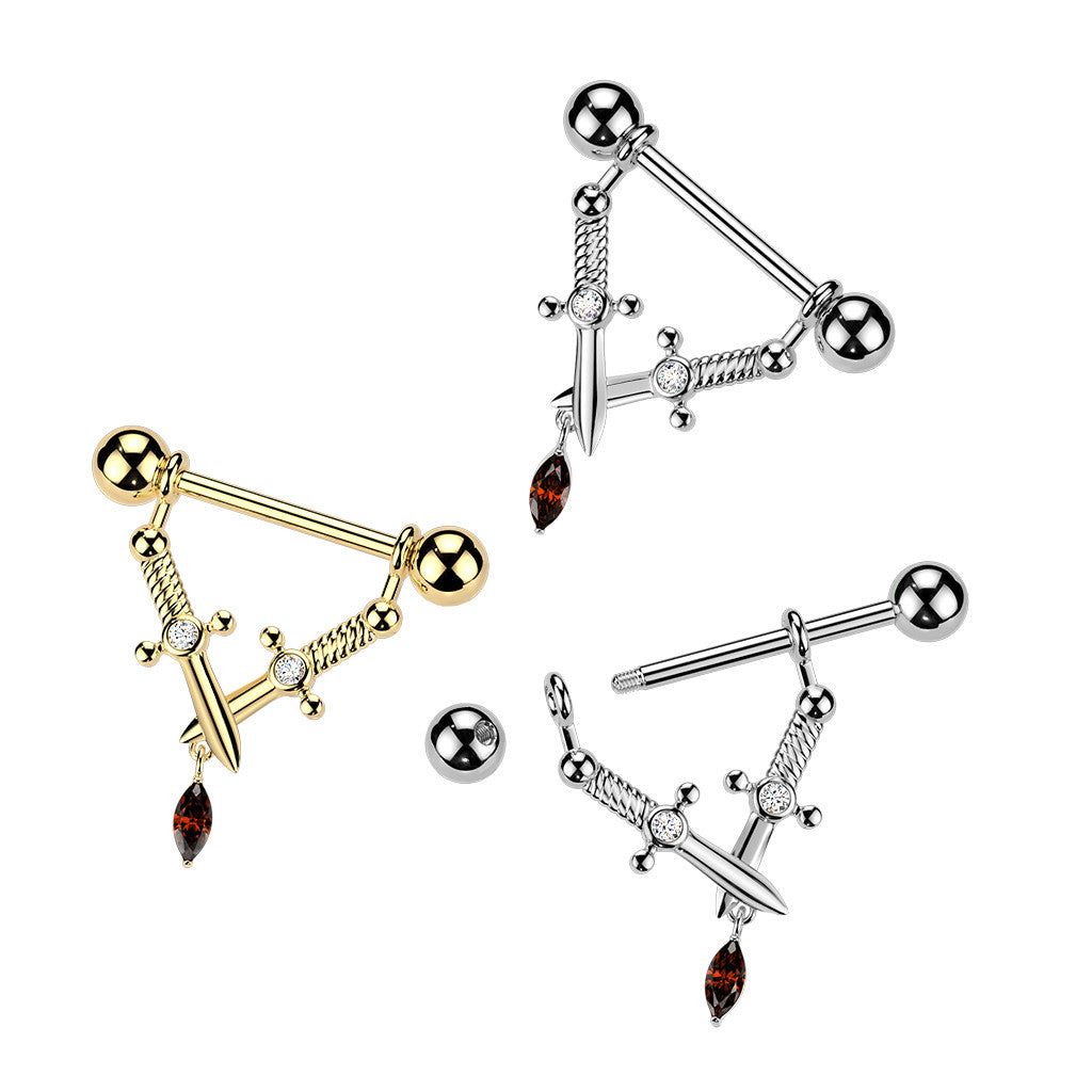 Crossed Daggers & Marquise CZ Dangle Nipple Barbell - Gold-Nipple Barbells-2-Glitters