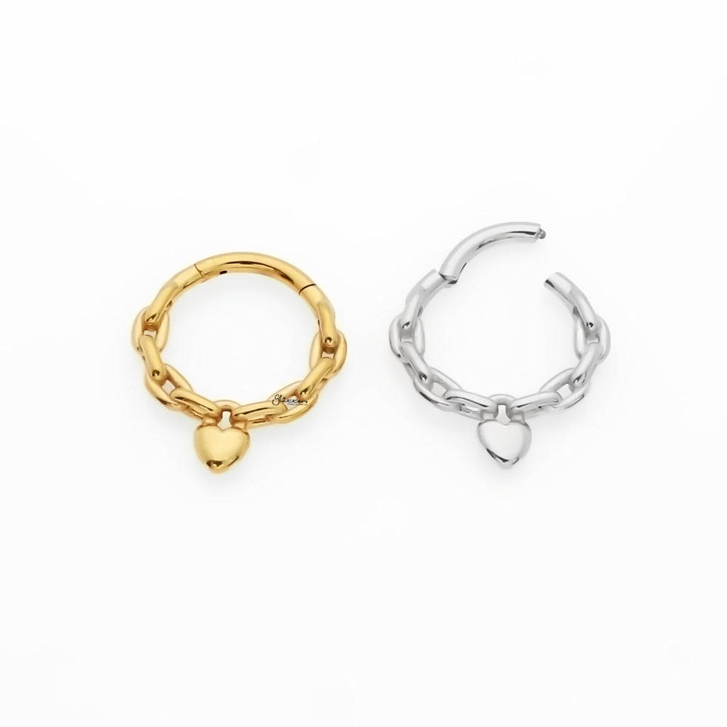 Chain Link with Heart Hinged Segment Hoop Ring - Gold-Septum Rings-2-Glitters