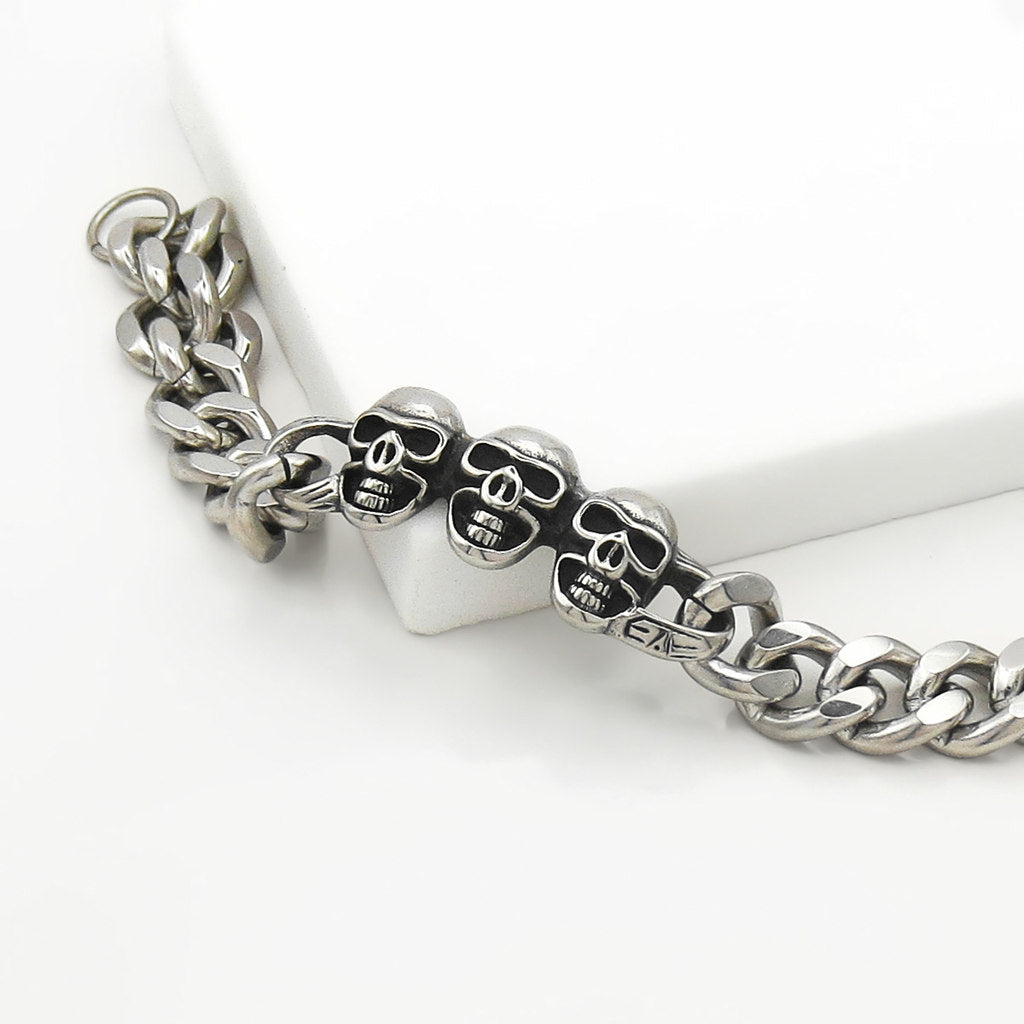 Stainless Steel Triple Skull Cuban Link Bracelet-Stainless Steel Bracelets-4-Glitters