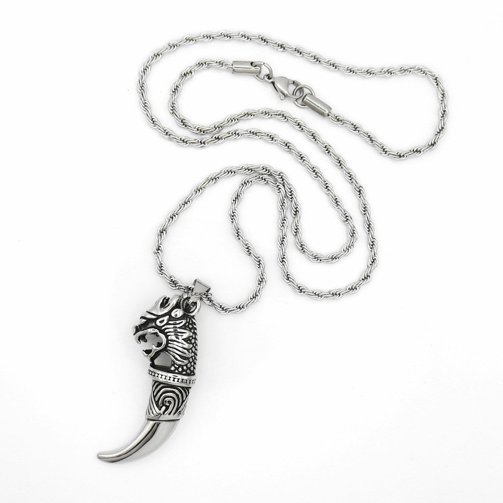 Stainless Steel Dragon Head with Wolf Tooth Pendant - Silver-Pendants-4-Glitters