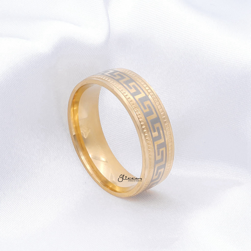 Stainless Steel Greek Key Pattern Band Ring - Gold-Stainless Steel Rings-2-Glitters