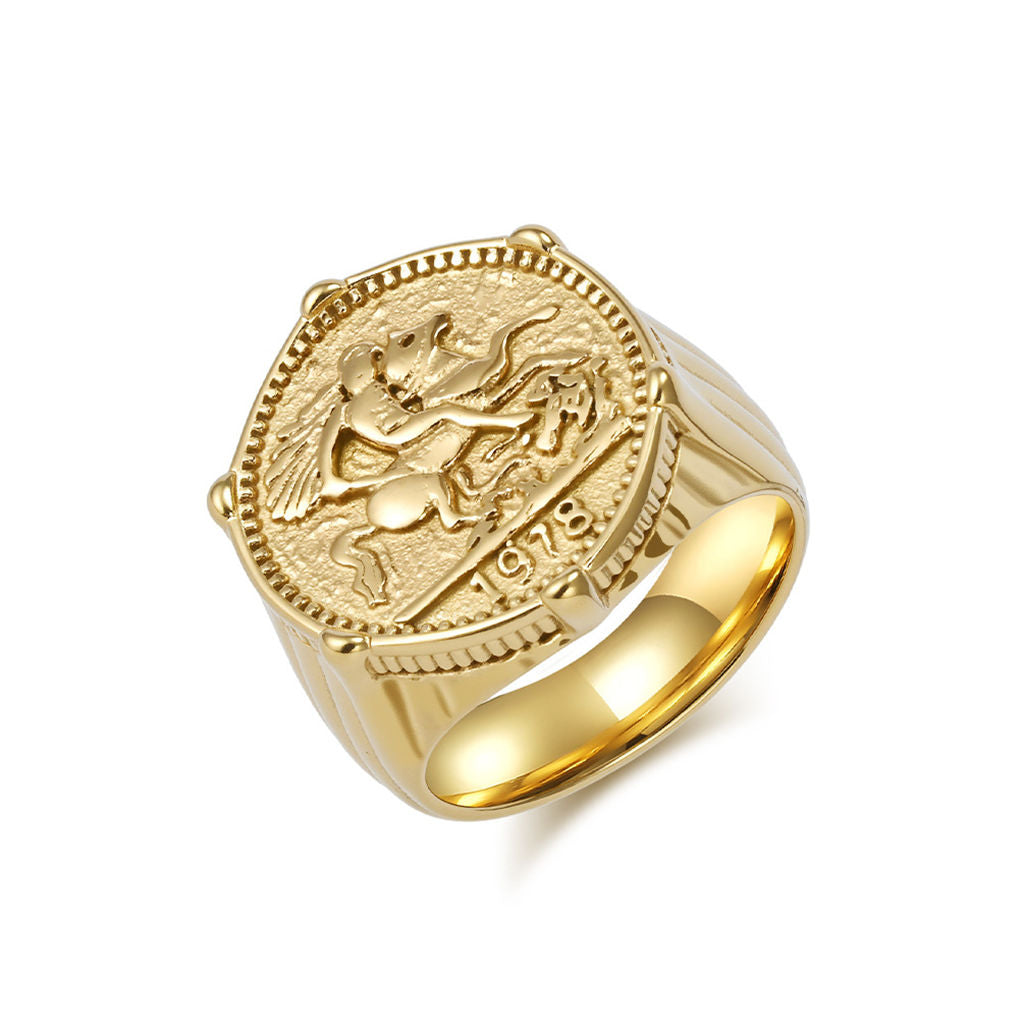 Stainless Steel Knight Coin Signet Ring - Gold-Stainless Steel Rings-1-Glitters