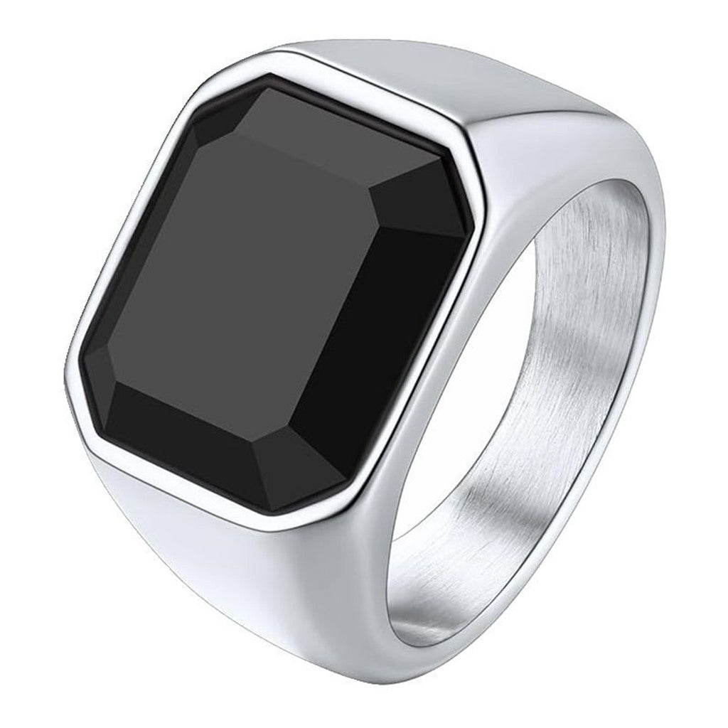 Stainless Steel Black Glass Signet Ring - Silver-Stainless Steel Rings-1-Glitters