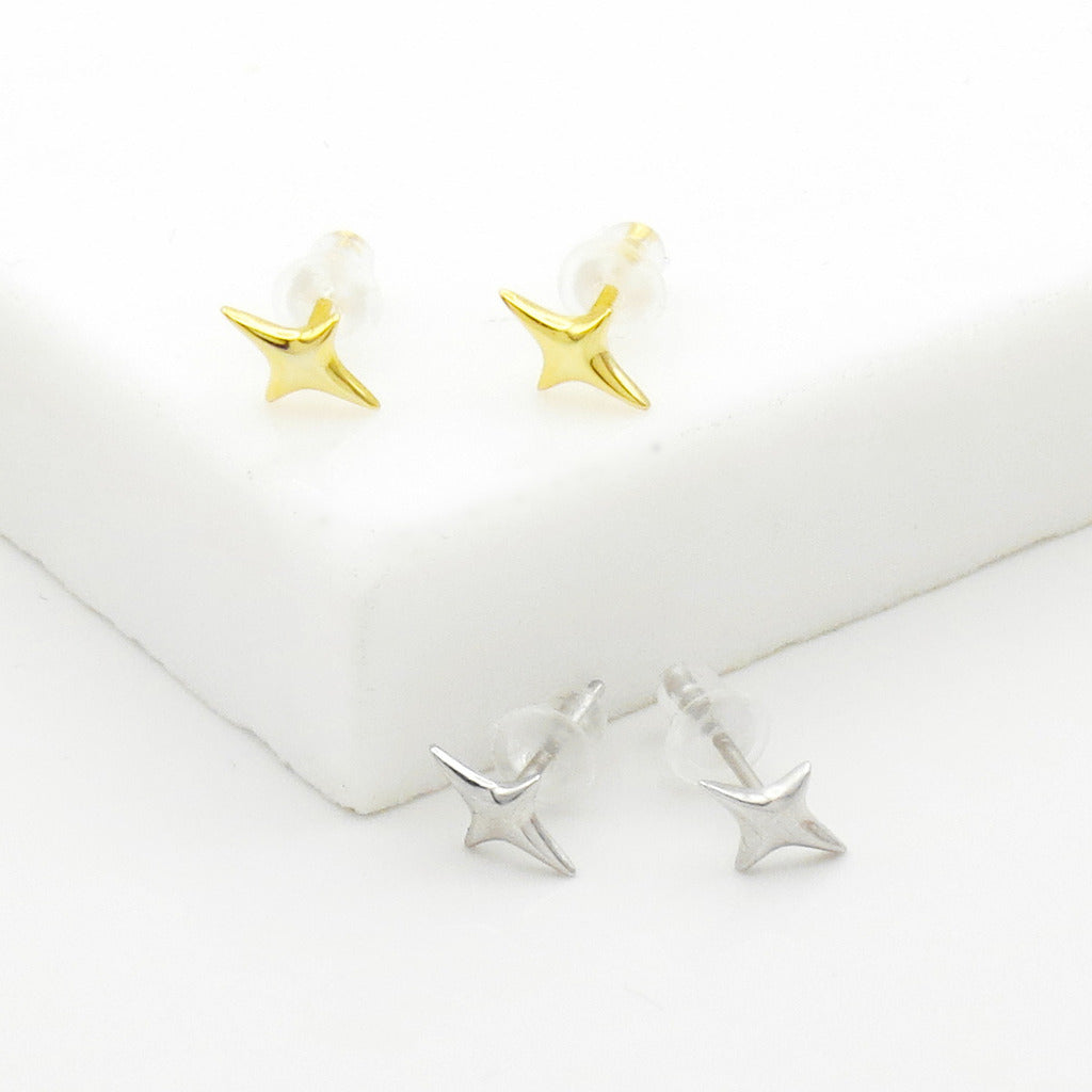 Sterling Silver 3D Star Stud Earrings - Gold-Stud Earrings-4-Glitters