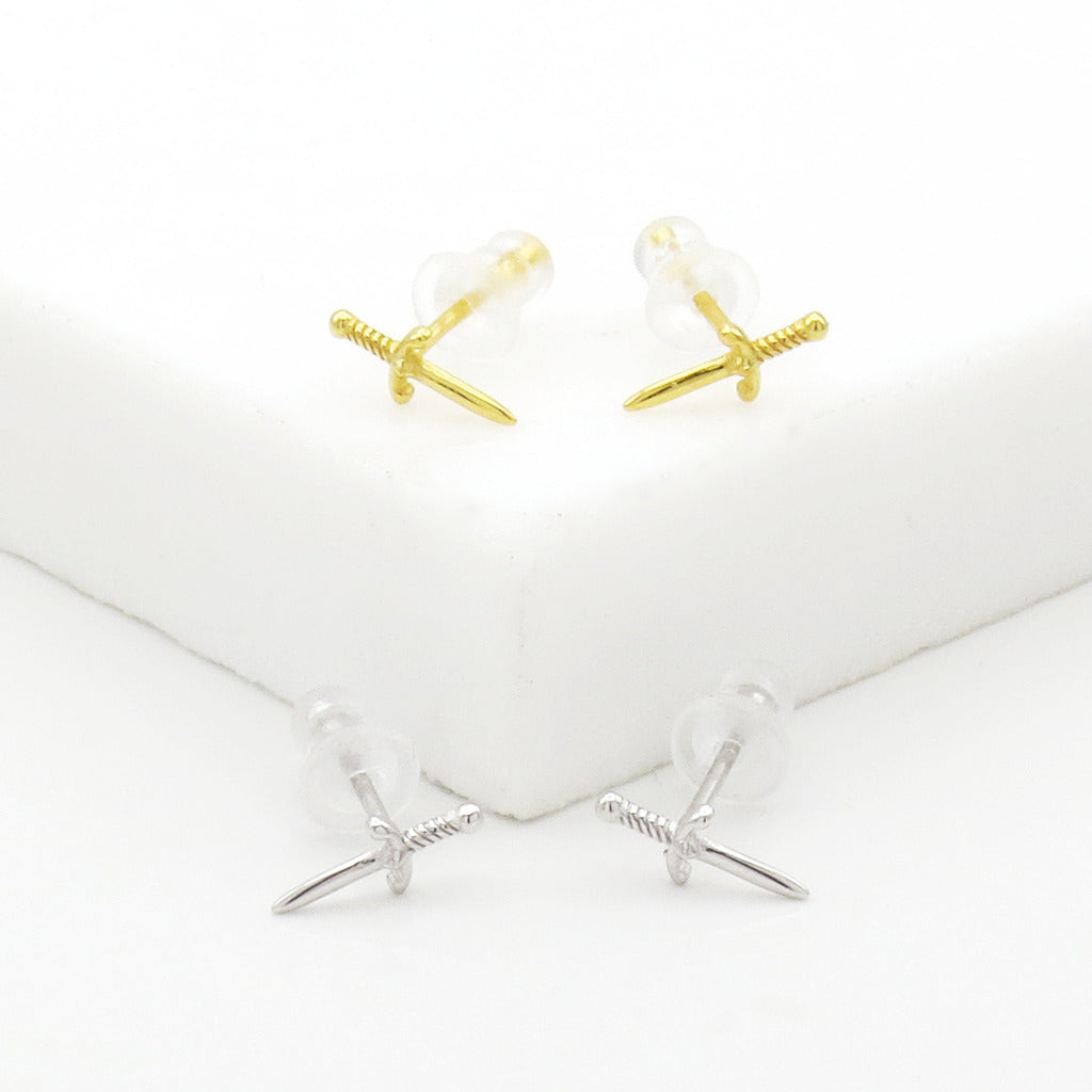 Sterling Silver Dagger Stud Earrings - Gold-Stud Earrings-4-Glitters