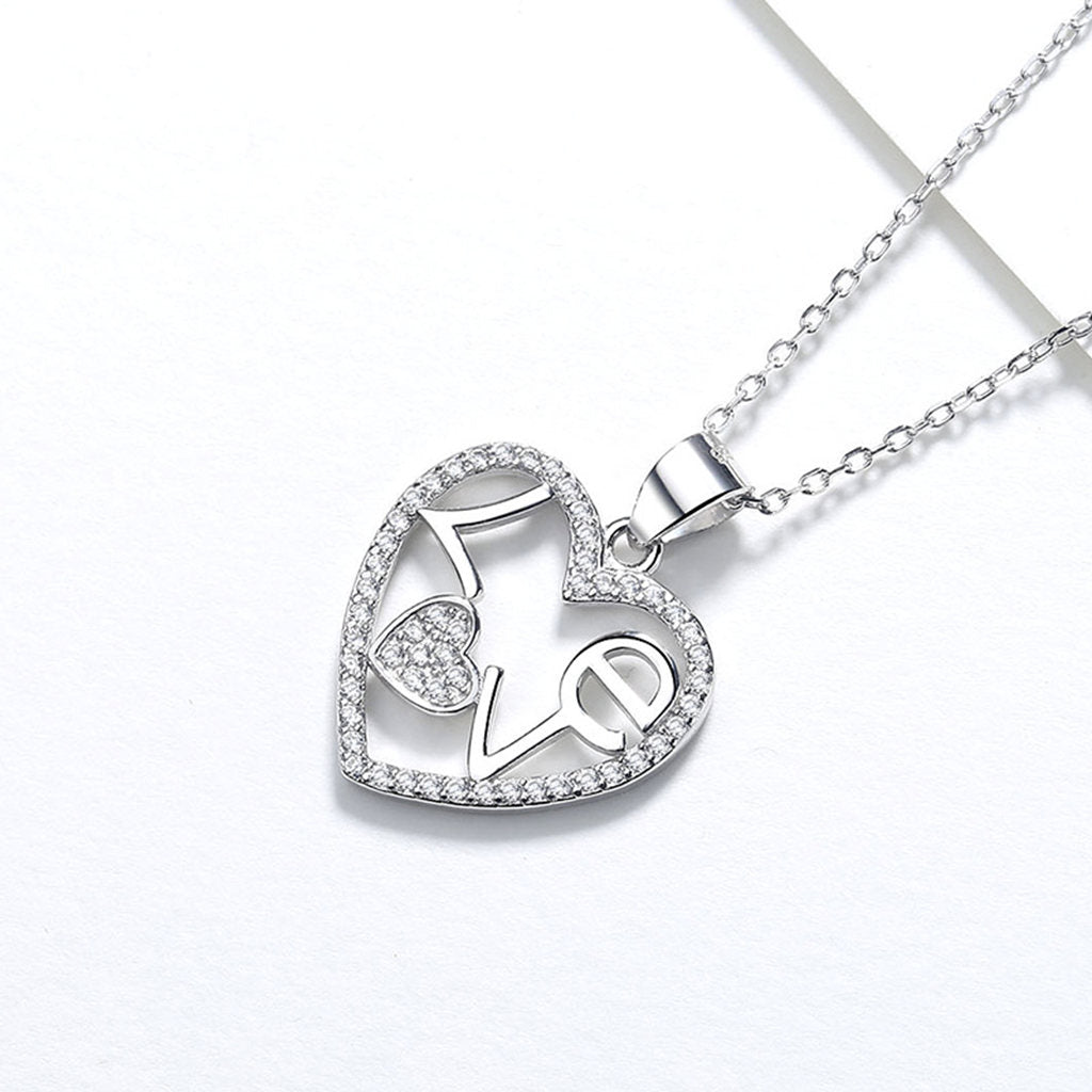 Sterling Silver Love Heart Pendant Necklace with CZ Accents-Sterling Silver Necklaces-3-Glitters