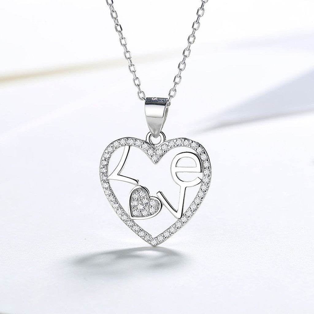 Sterling Silver Love Heart Pendant Necklace with CZ Accents-Sterling Silver Necklaces-4-Glitters