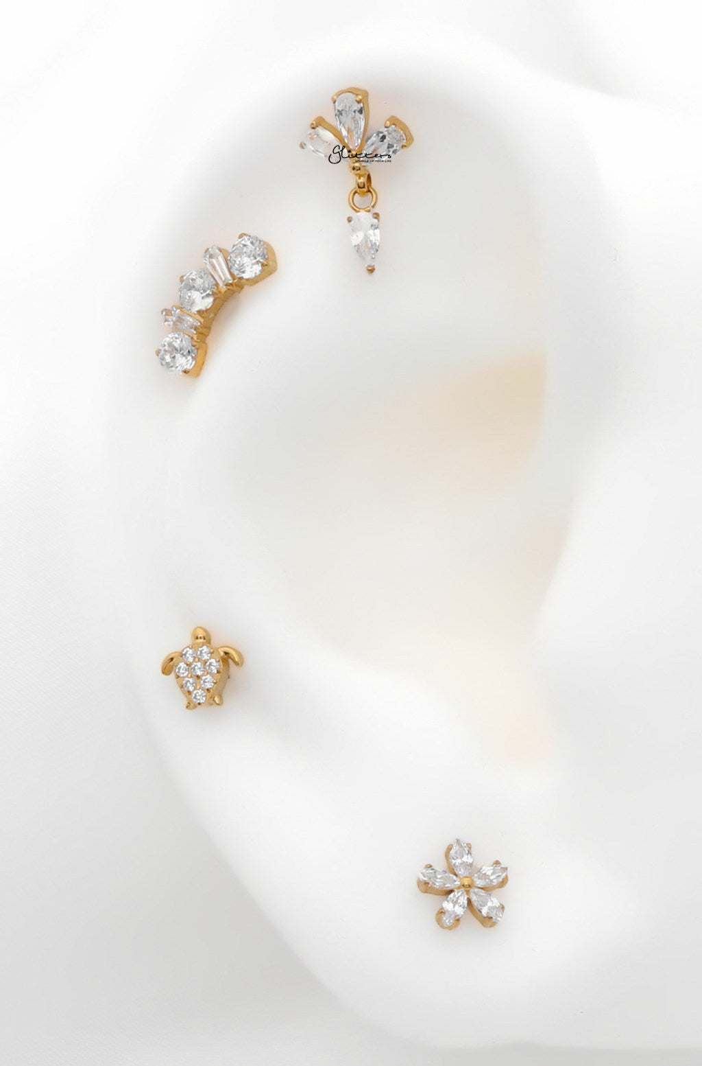 Triple CZ and Baguette CZ Cluster Titanium Flat Back Stud Earrings-Tragus | Cartilage | Daith | Conch-6-Glitters