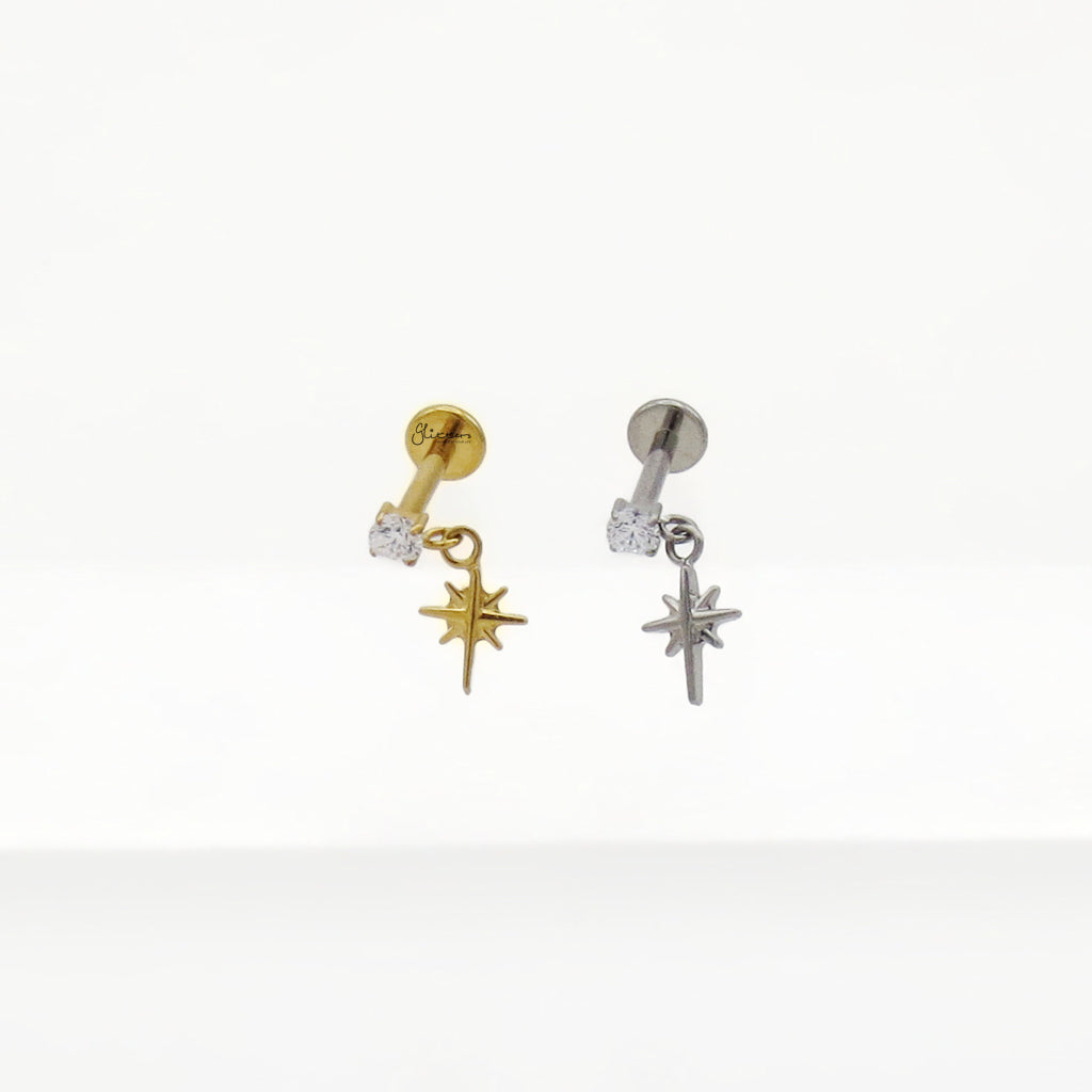 CZ with Dangle Star Titanium Flat Back Stud Earrings-Tragus | Cartilage | Daith | Conch-4-Glitters