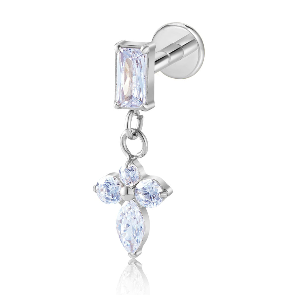 Baguette & Marquise Flower Dangle Titanium Flat Back Stud Earring-Tragus | Cartilage | Daith | Conch-1-Glitters