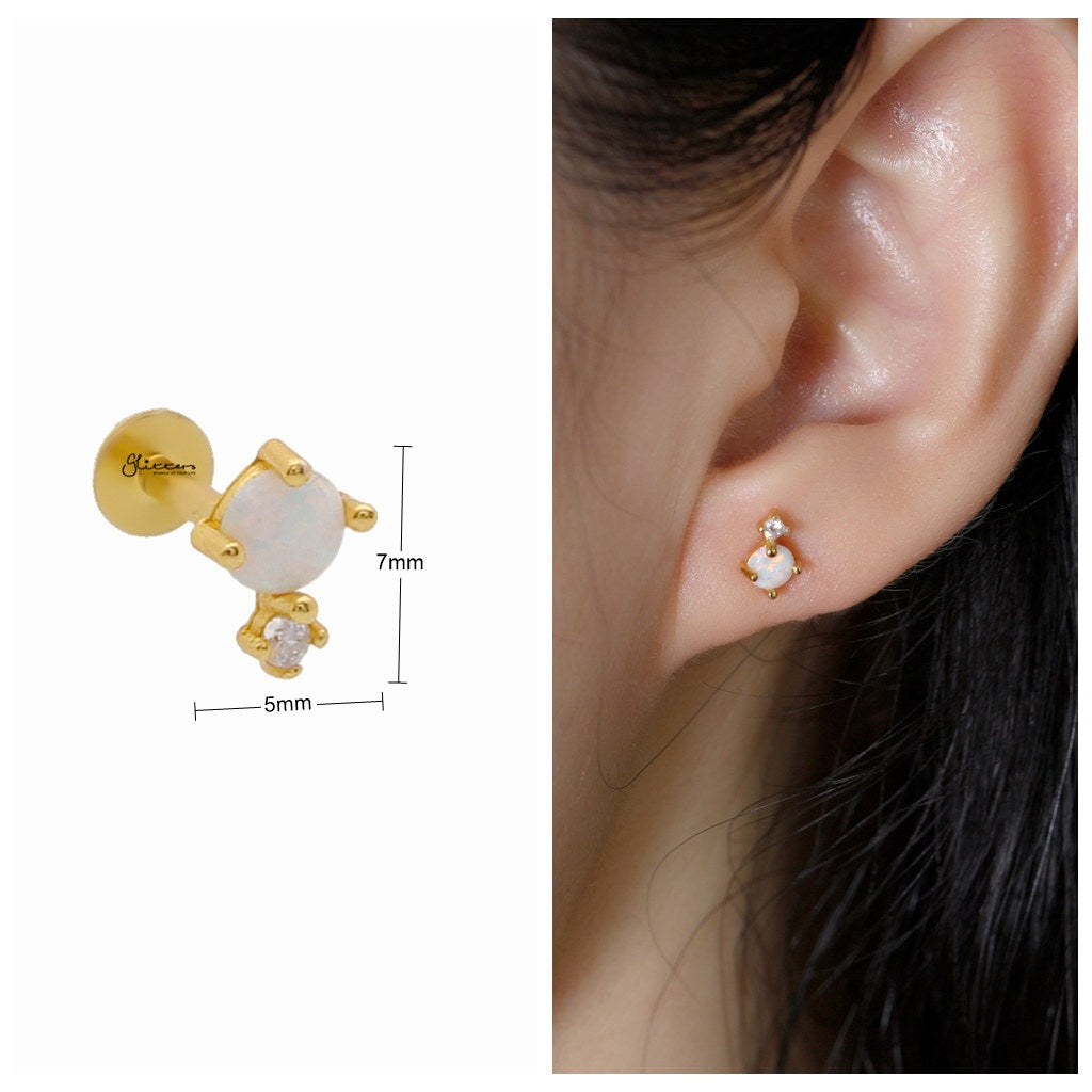 Sterling Silver Opal & CZ Flat Back Stud Earrings-Tragus | Cartilage | Daith | Conch-3-Glitters
