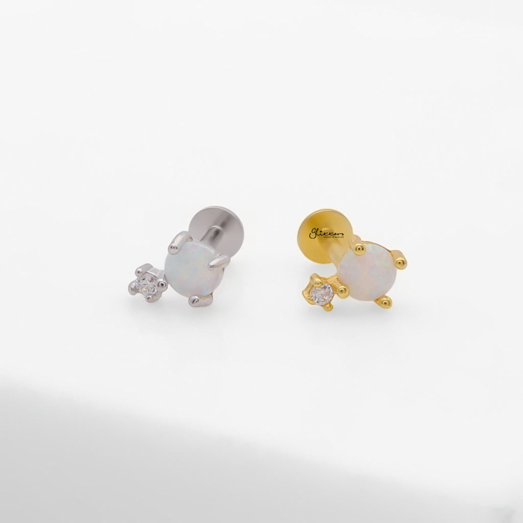 Sterling Silver Opal & CZ Flat Back Stud Earrings-Tragus | Cartilage | Daith | Conch-4-Glitters