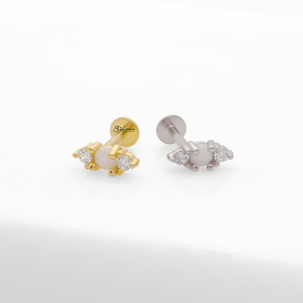 Sterling Silver Opal & CZ Triple Gem Flat Back Stud Earrings-Tragus | Cartilage | Daith | Conch-4-Glitters