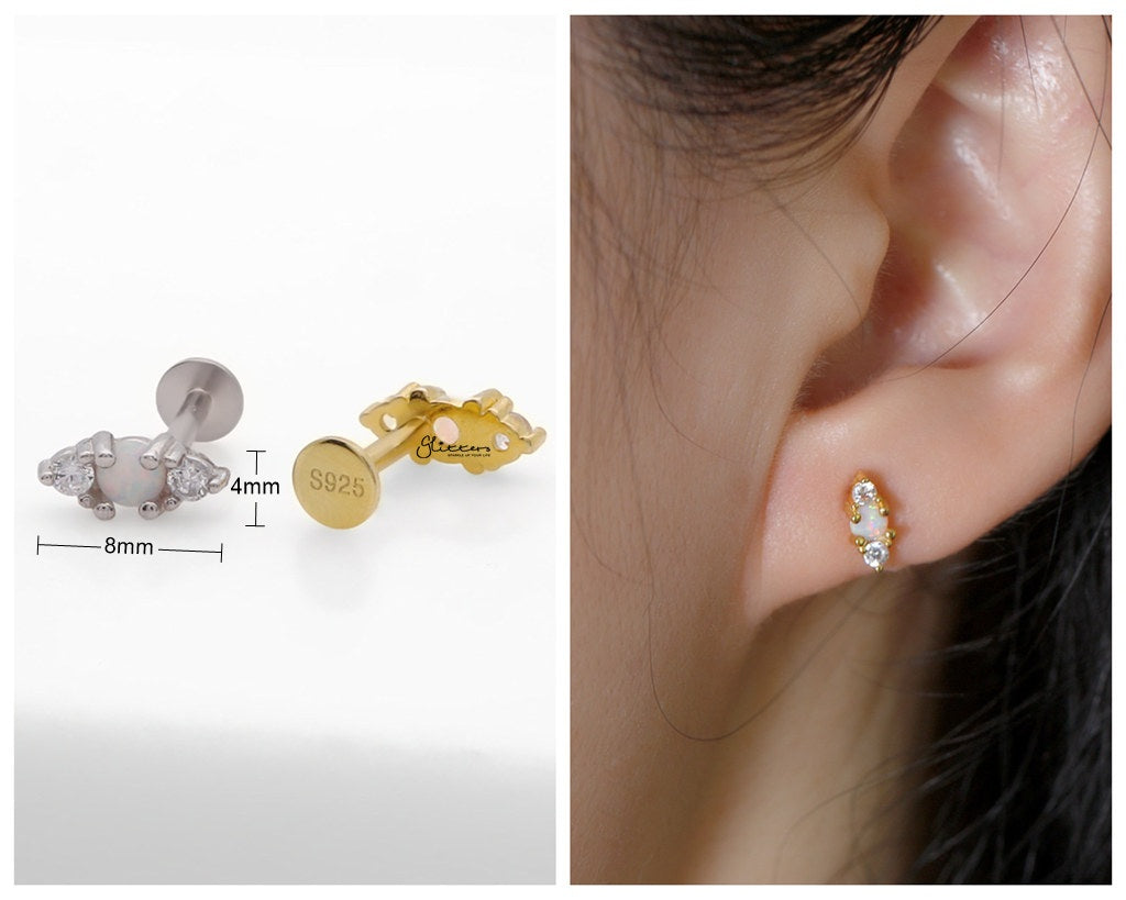 Sterling Silver Opal & CZ Triple Gem Flat Back Stud Earrings-Tragus | Cartilage | Daith | Conch-3-Glitters