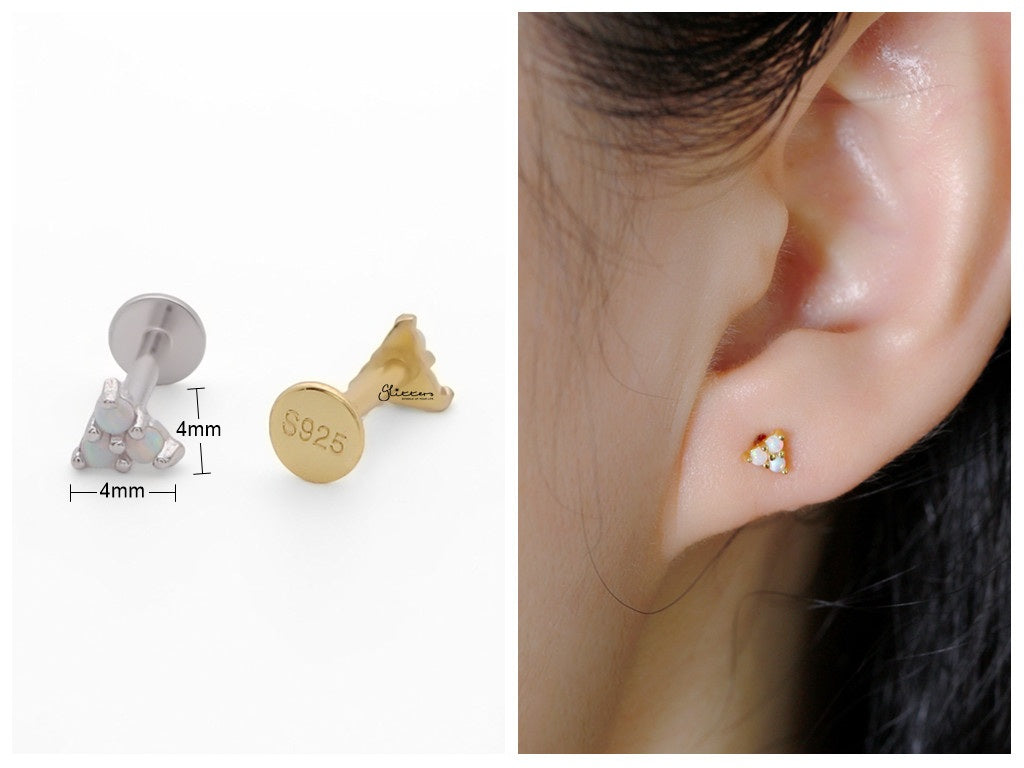 Sterling Silver Opal Triangle Flat Back Stud Earrings-Tragus | Cartilage | Daith | Conch-3-Glitters