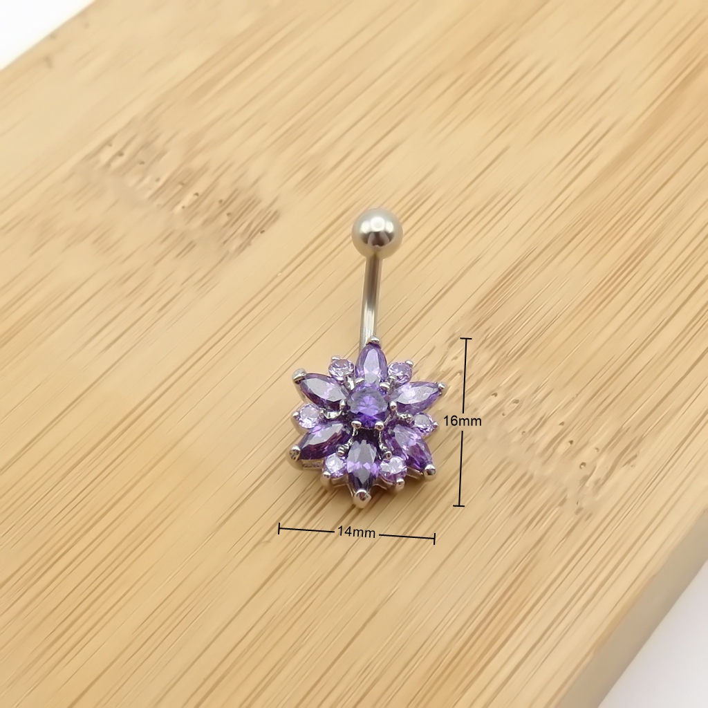 CZ Flower Belly Button Ring - Purple-Belly Rings-3-Glitters