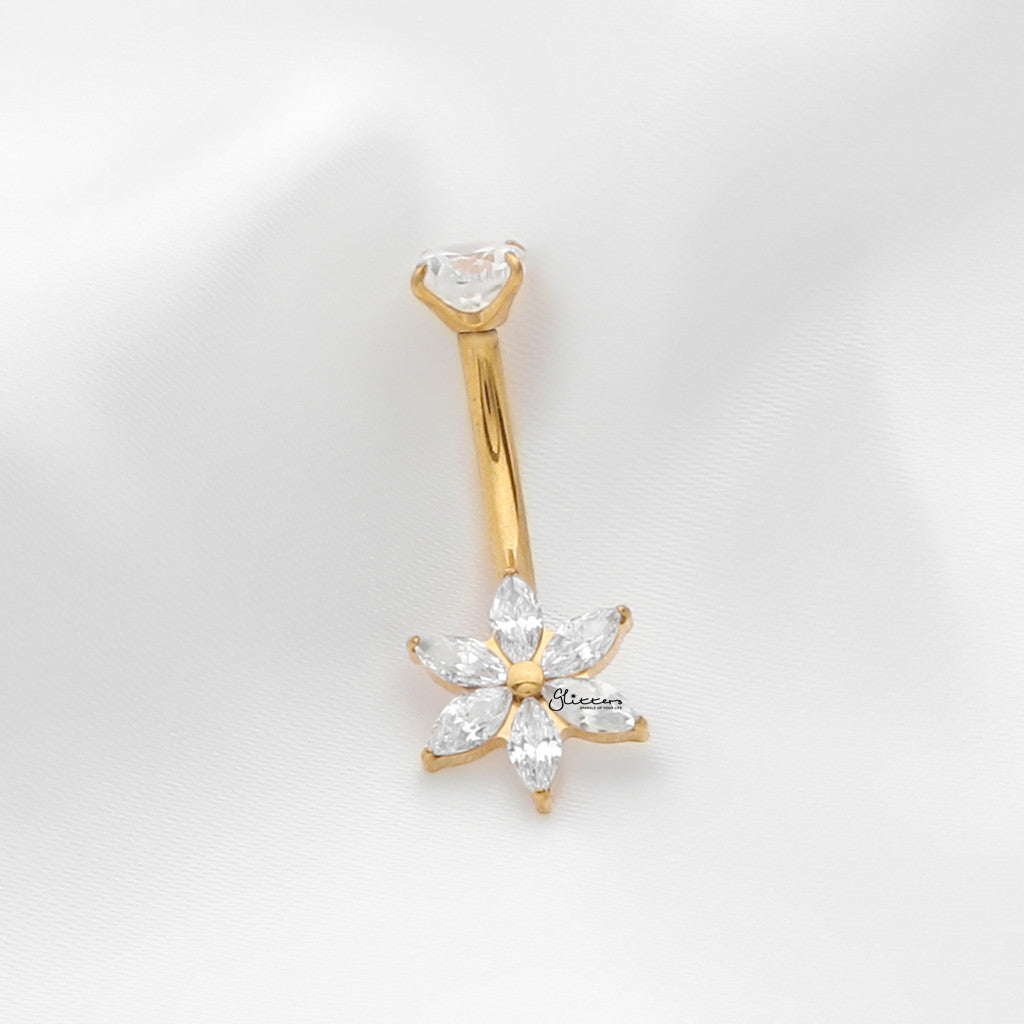 Marquise CZ Flower Titanium Belly Button Ring - Gold-Belly Rings-4-Glitters
