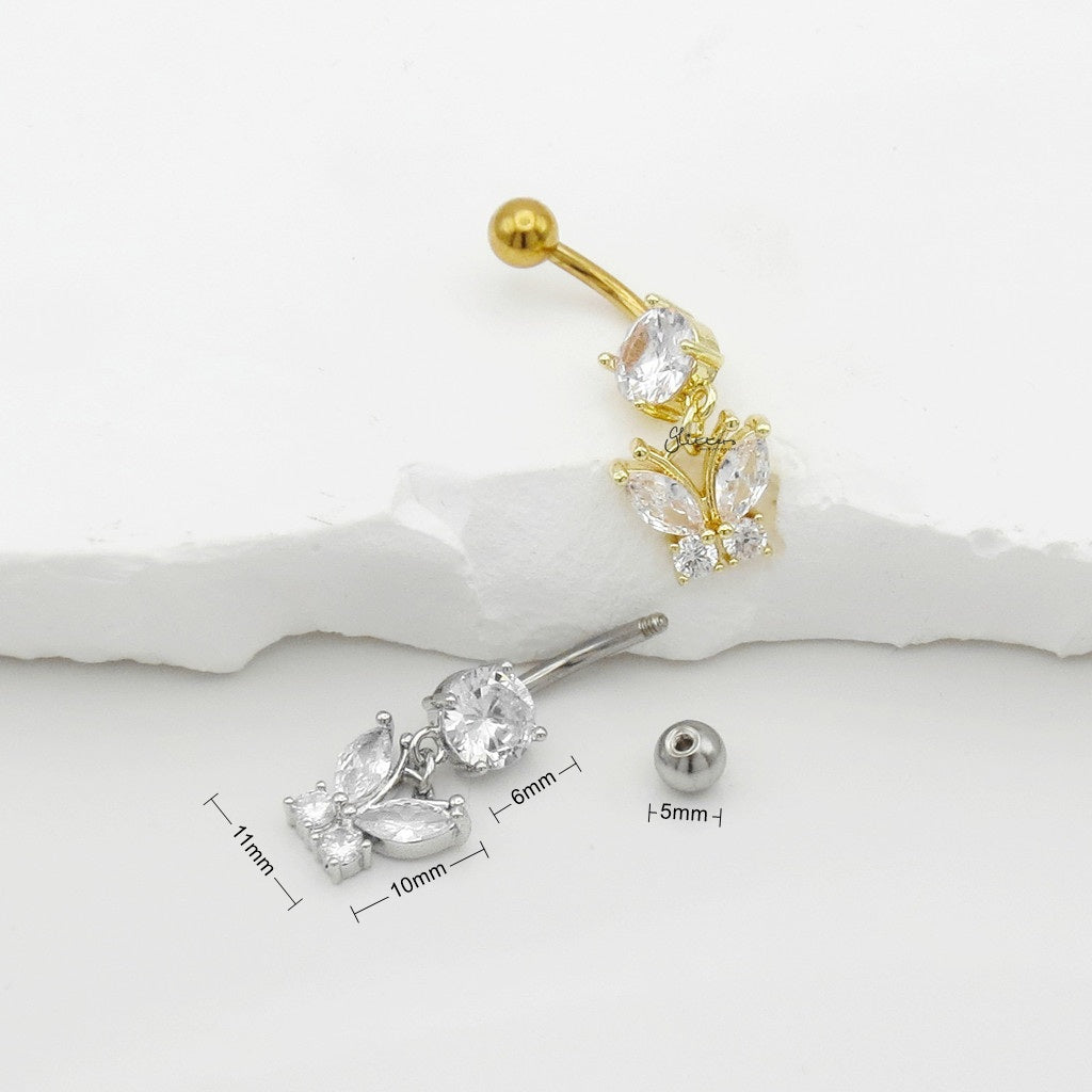 CZ Butterfly Dangle Belly Button Navel Ring - Silver