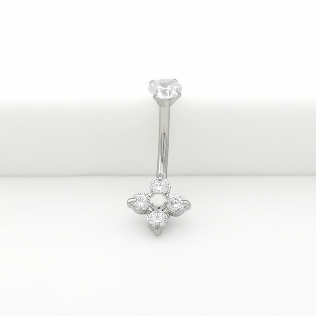 4 CZ Flower Belly Button Navel Ring - Silver-Belly Rings-1-Glitters