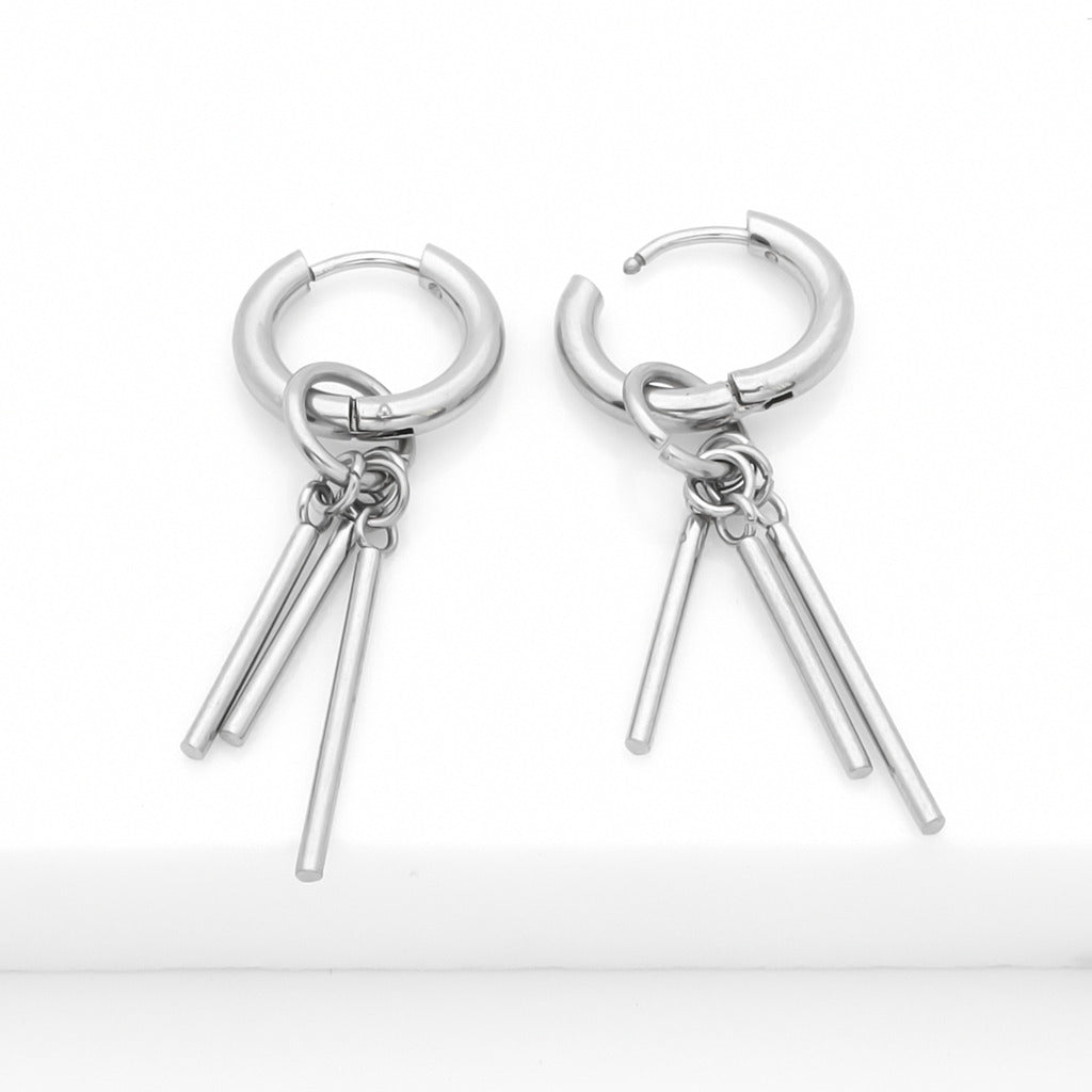 Stainless Steel Huggie Hoop Earrings with Bars Charm - Silver-Hoop Earrings-2-Glitters