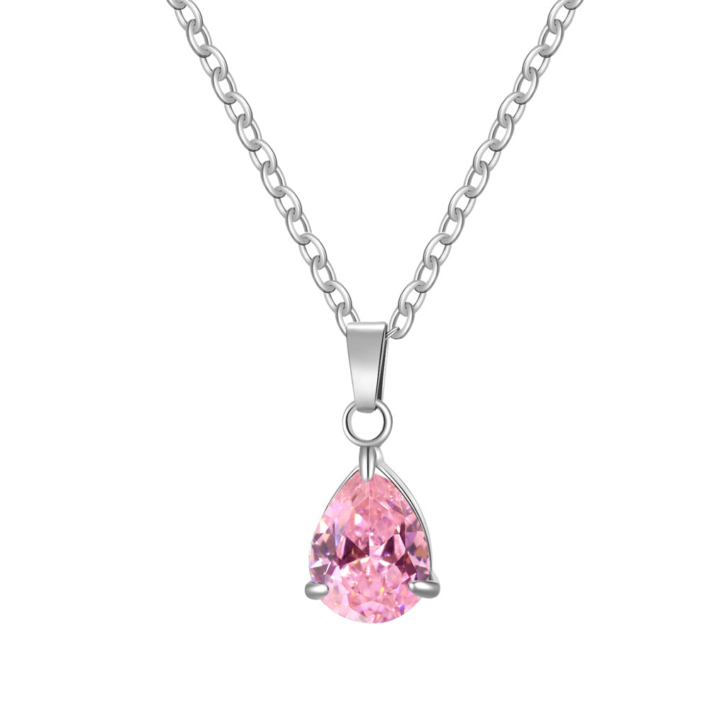 Stainless Steel Pear Cut CZ Teardrop Pendant Necklace - Pink