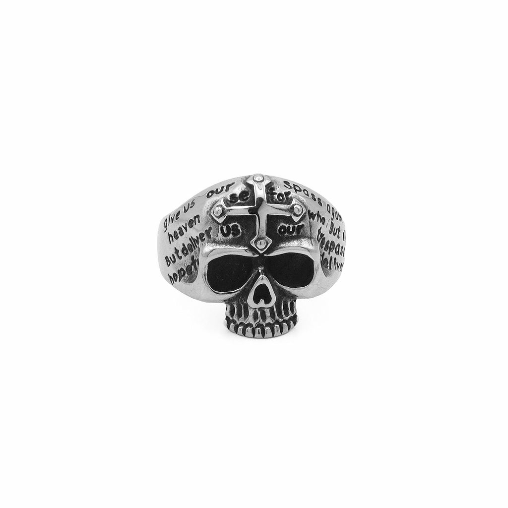 Stainless Steel Skull Ring with Cross and Script Engraving-Stainless Steel Rings-1-Glitters