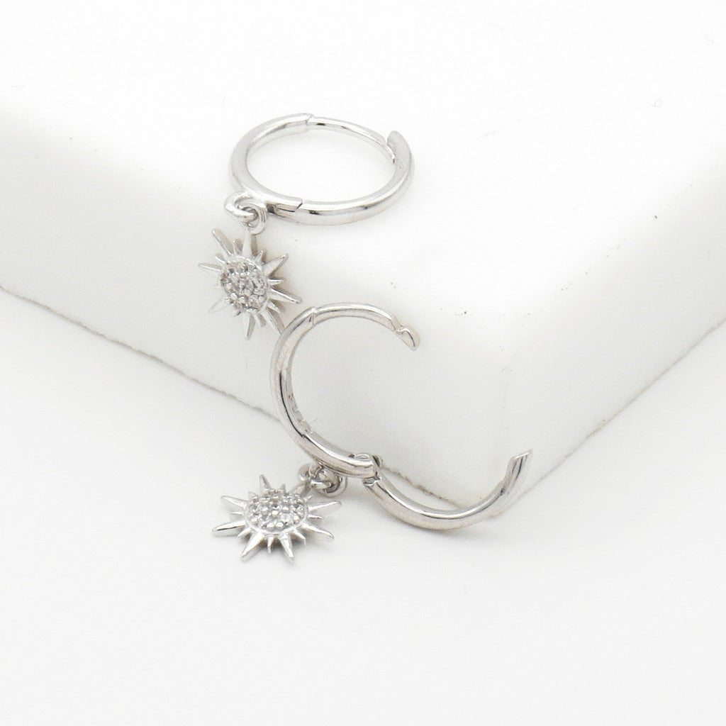 Sterling Silver CZ Sunburst Dangle Hoop Earrings - Silver-Hoop Earrings-4-Glitters