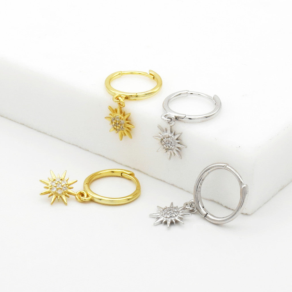 Sterling Silver CZ Sunburst Dangle Hoop Earrings - Gold