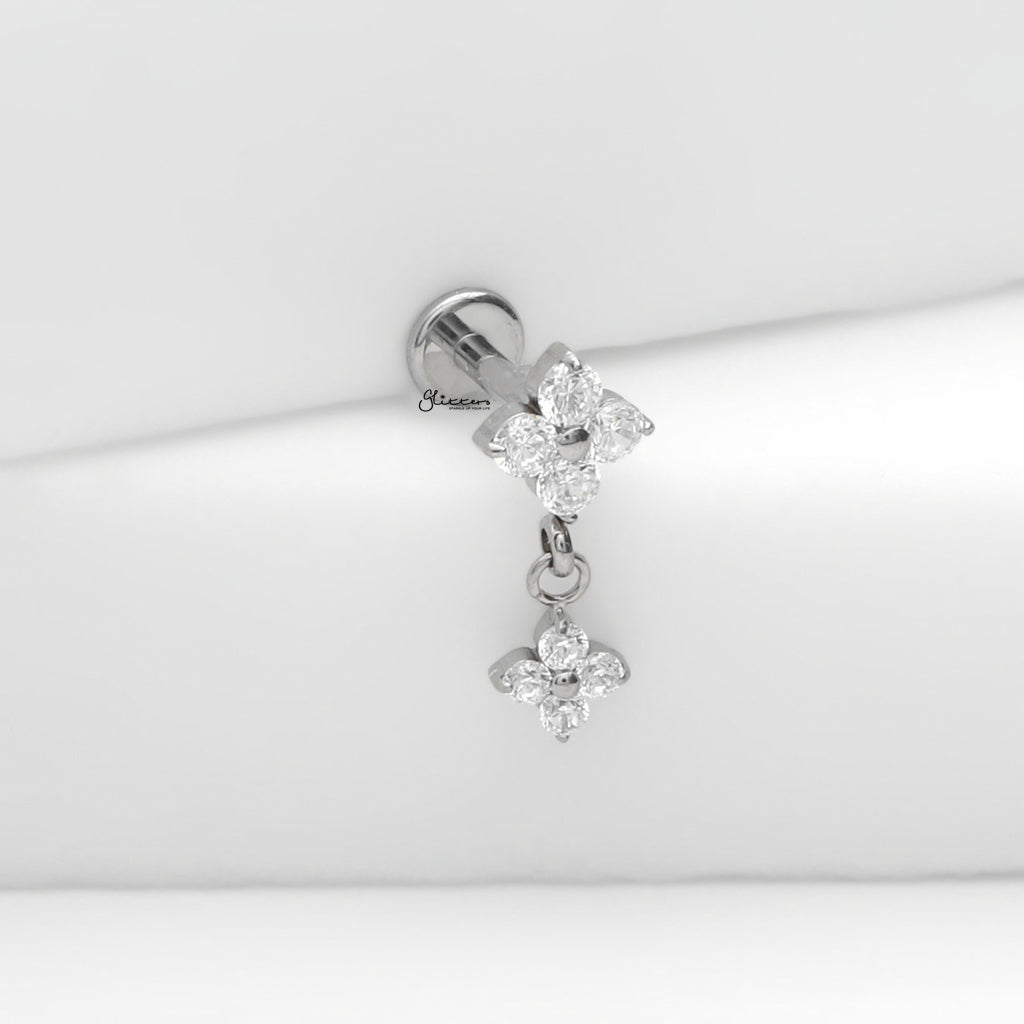 Double CZ Flower Dangle Titanium Flat Back Stud Earrings-Tragus | Cartilage | Daith | Conch-3-Glitters