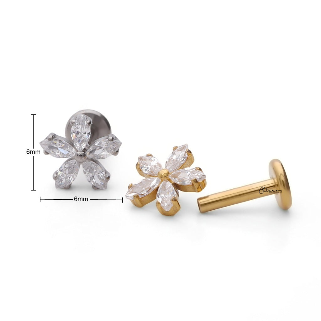 Marquise CZ Flower Titanium Flat Back Stud Earrings-Tragus | Cartilage | Daith | Conch-4-Glitters