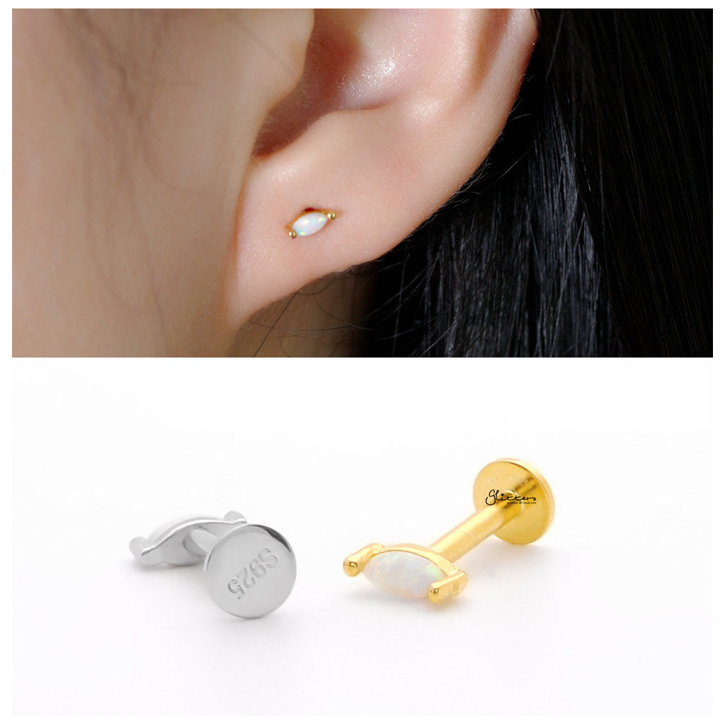 Sterling Silver Marquise Opal Flat Back Stud Earrings-Tragus | Cartilage | Daith | Conch-2-Glitters