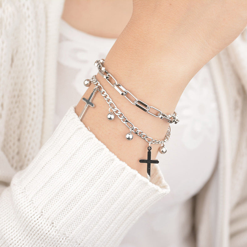 Double Layered Women's Bracelet with Dangle Cross Charms - Silver-Bracelets, Jewellery, Stainless Steel, Stainless Steel Bracelet, Women's Bracelet, Women's Jewellery-4358080834_684385476-Glitters