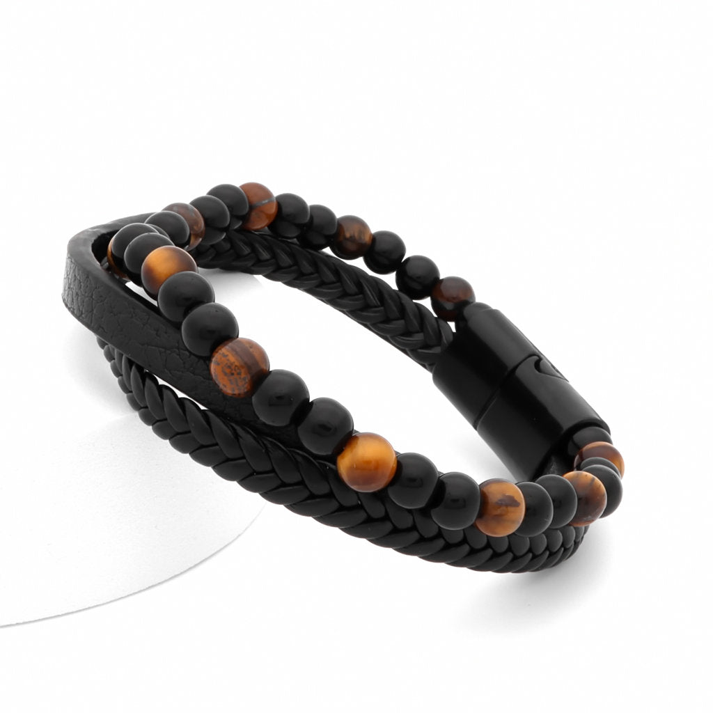 Tiger Eye Beads Multilayer Leather Bracelet-Bracelets, Jewellery, leather bracelet, Men's Bracelet, Men's Jewellery, Stainless Steel-BCL0210_1-Glitters