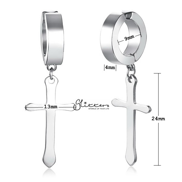 Non-Pierced Stainless Steel Clip On Cross Dangle Hoop Earrings - Silver-earrings, Fake Earrings, Hinged Earrings, Hoop Earrings, Jewellery, Men's Earrings, Men's Jewellery, Non-Pierced, Stainless Steel, Women's Earrings, Women's Jewellery-EC0064_s01_New-Glitters