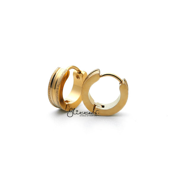18K Gold IP Stainless Steel Hinged Hoop Earrings with Sand Sparkle Edges-earrings, Hoop Earrings, Huggie Earrings, Jewellery, Men's Earrings, Men's Jewellery, Stainless Steel, Women's Earrings, Women's Jewellery-ER0304_G-Sand_Sparkle_Edges_02-Glitters