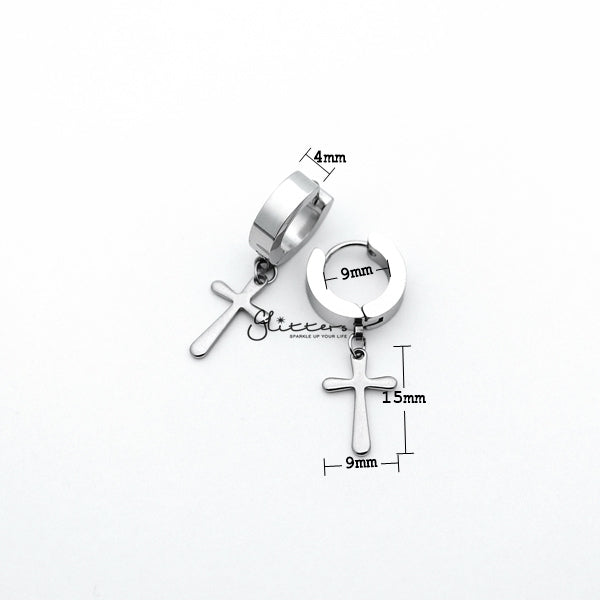 Stainless Steel Cross Drop Huggie Hoop Earrings - Silver-earrings, Hoop Earrings, Huggie Earrings, Jewellery, Men's Earrings, Men's Jewellery, Stainless Steel-ER1414_SPC02_02_New-Glitters