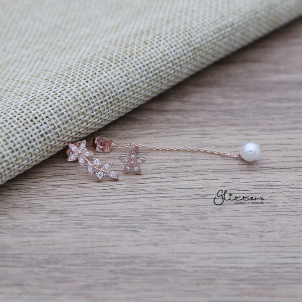 C.Z Flower Sterling Silver Post Stud Earrings with Drop Chain Pearl-Cubic Zirconia, earrings, Jewellery, Sterling Silver Post, Stud Earrings, Women's Earrings, Women's Jewellery-ER1458_03-Glitters