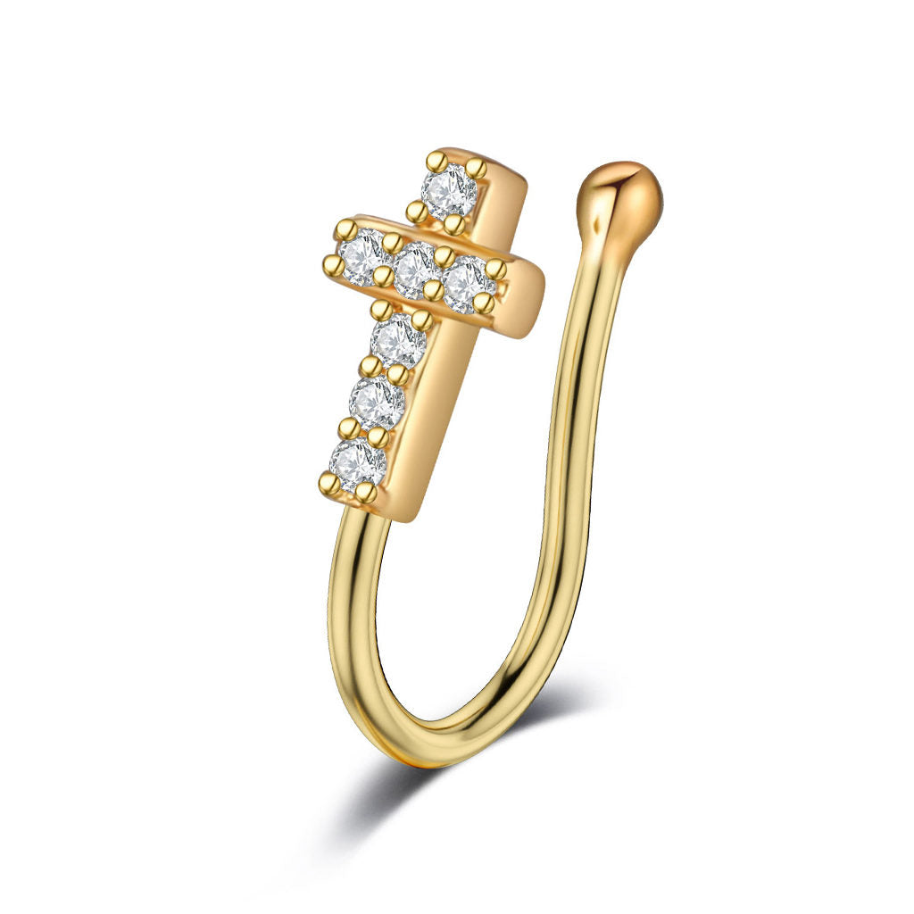Cross Non Piercing Fake Nose Ring-Body Piercing Jewellery, Cubic Zirconia, Non-Pierced, Nose Piercing Jewellery, Nose Ring, Nose Studs-FNS09-G-Glitters