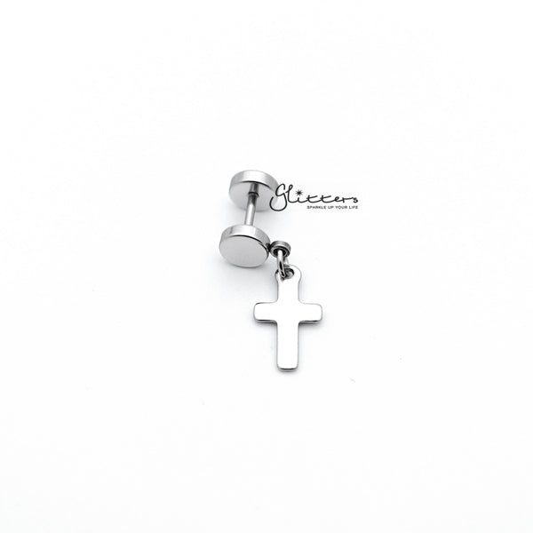 Stainless Steel Dangle Cross Fake Plug - Silver-Body Piercing Jewellery, earrings, Fake Plug, Jewellery, Men's Earrings, Men's Jewellery, Stainless Steel-FP0150_S1_02-Glitters