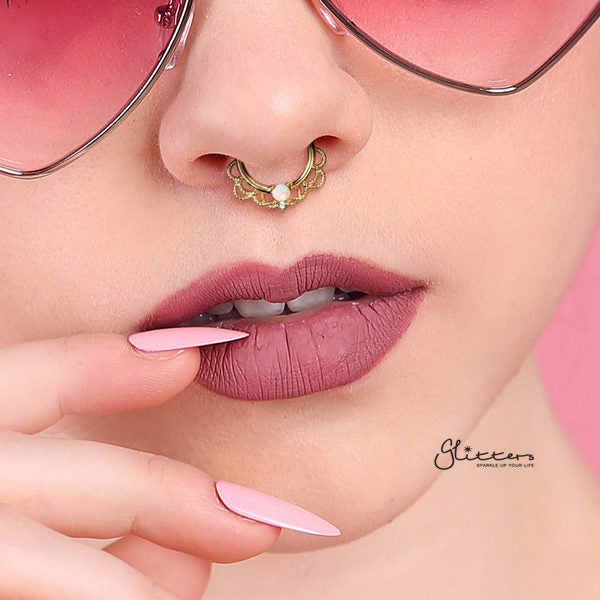 Opal Set Centered Filigree Bendable Hoop Rings for Nose Septum, Daith and Ear Cartilage-Body Piercing Jewellery, Cartilage, Daith, Nose, Septum Ring-NS0086_M01-Glitters