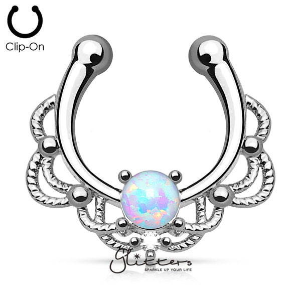 Non Piercing Lacey Single Opal White Fake Septum Hanger-Body Piercing Jewellery, Nose, Septum Ring-SEPR-29-OP17-2-Glitters