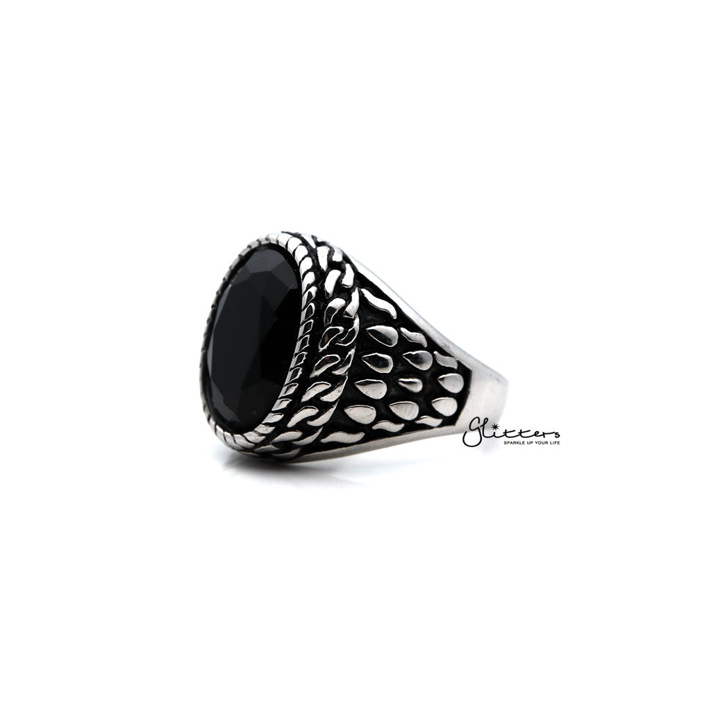 Men's Antiqued Stainless Steel Casting Rings with Black Oval CZ Stone-Cubic Zirconia, Jewellery, Men's Jewellery, Men's Rings, Rings, Stainless Steel, Stainless Steel Rings-SR0211_1000-02-Glitters
