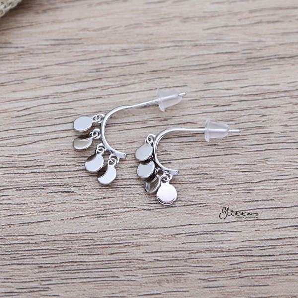 925 Sterling Silver Bend Stud Earrings with Drop Round Discs-earrings, Hoop Earrings, Jewellery, Women's Earrings, Women's Jewellery-SSE0348-01-Glitters