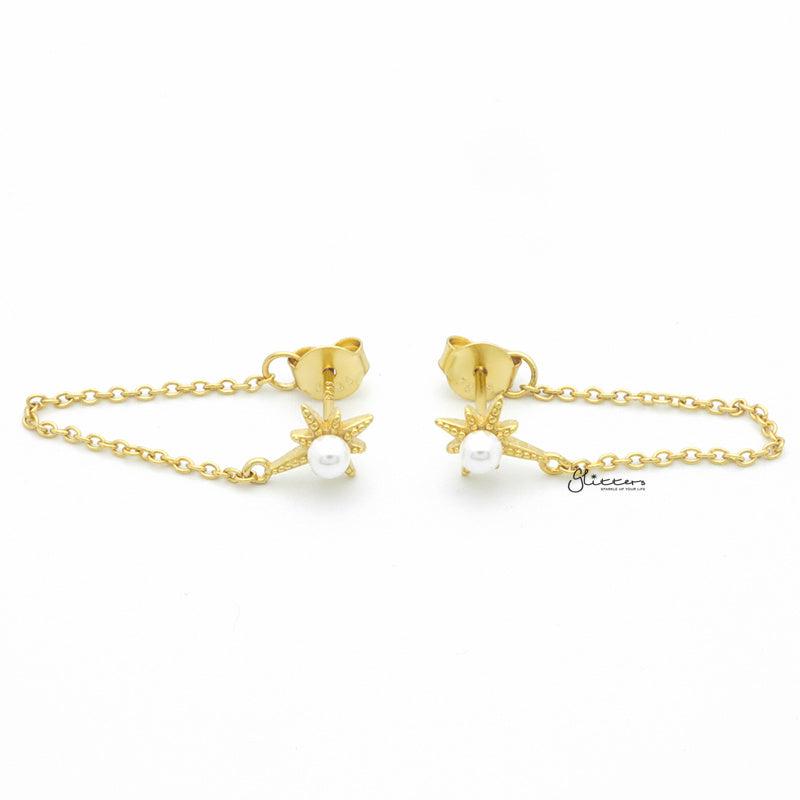 Sterling Silver Star and Pearl Chain Stud Earrings - Gold-Chain Earring, earrings, Jewellery, Stud Earrings, Women's Earrings, Women's Jewellery-SSE0411-G1_1-Glitters